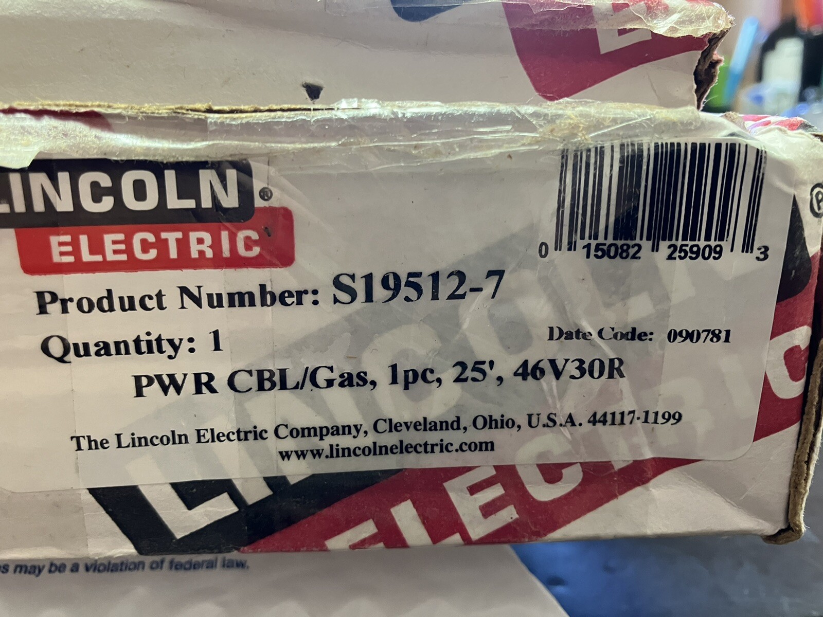 Lincoln Electric Welding Wire Power Cable / Gas 25 Foot – Product # S19512-7
