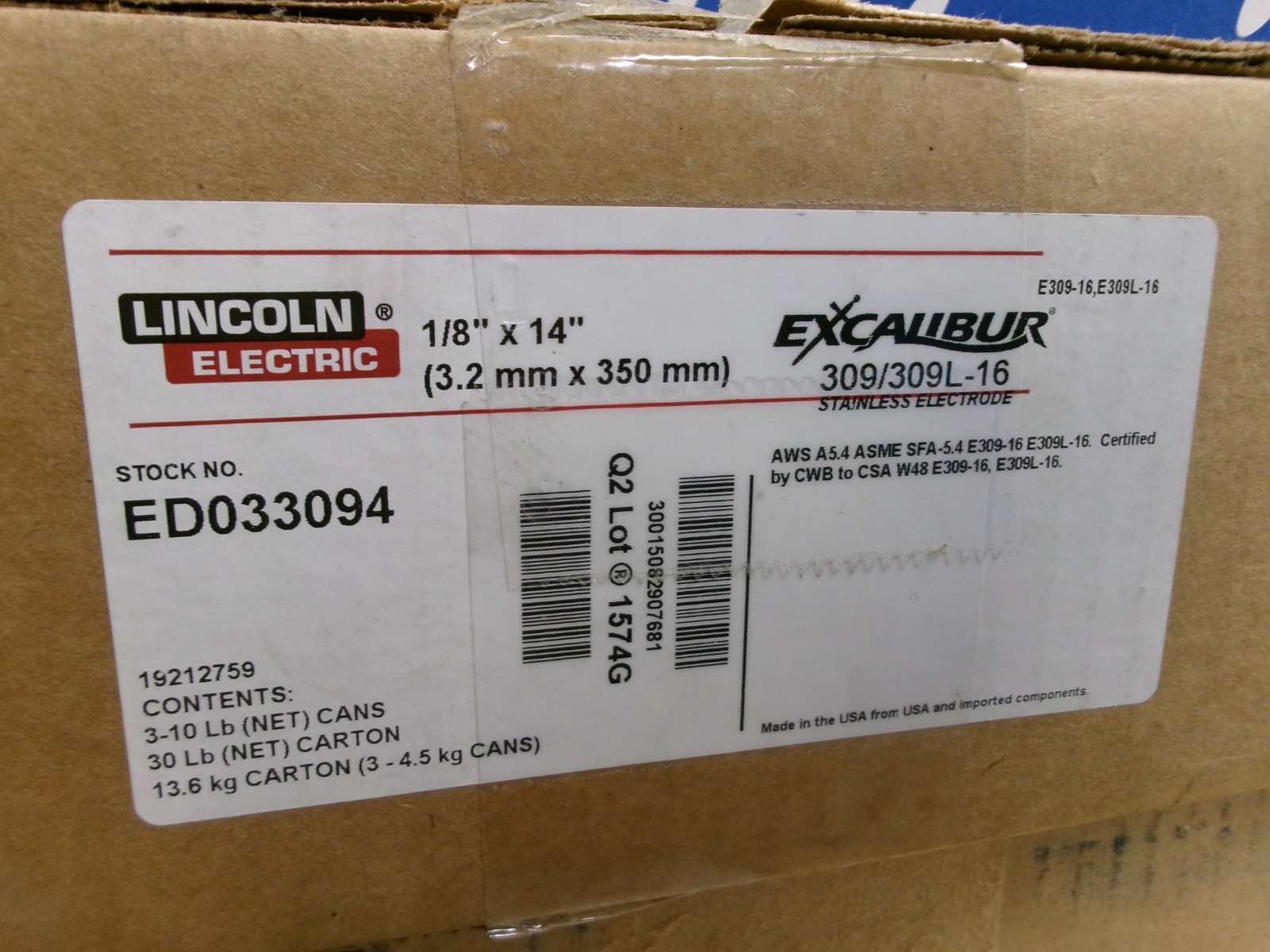 Lincoln 309/309L-16 1/8″ x 14″ Stainless Welding Electrode 30 LBS ED033094 #