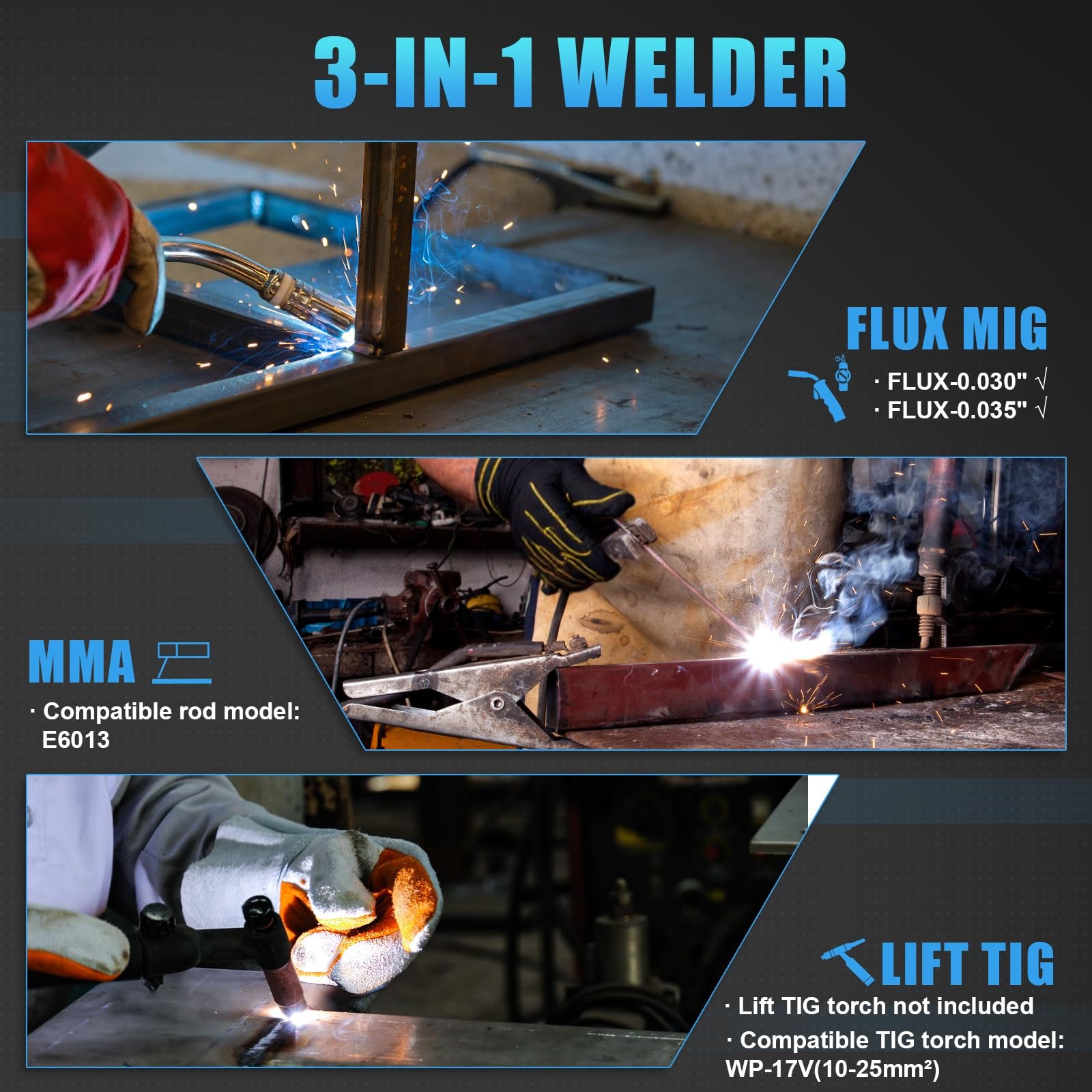 AZZUNO 135A Flux MIG Welder with Helmet, 110V 3-in-1 Stick/Lift TIG
