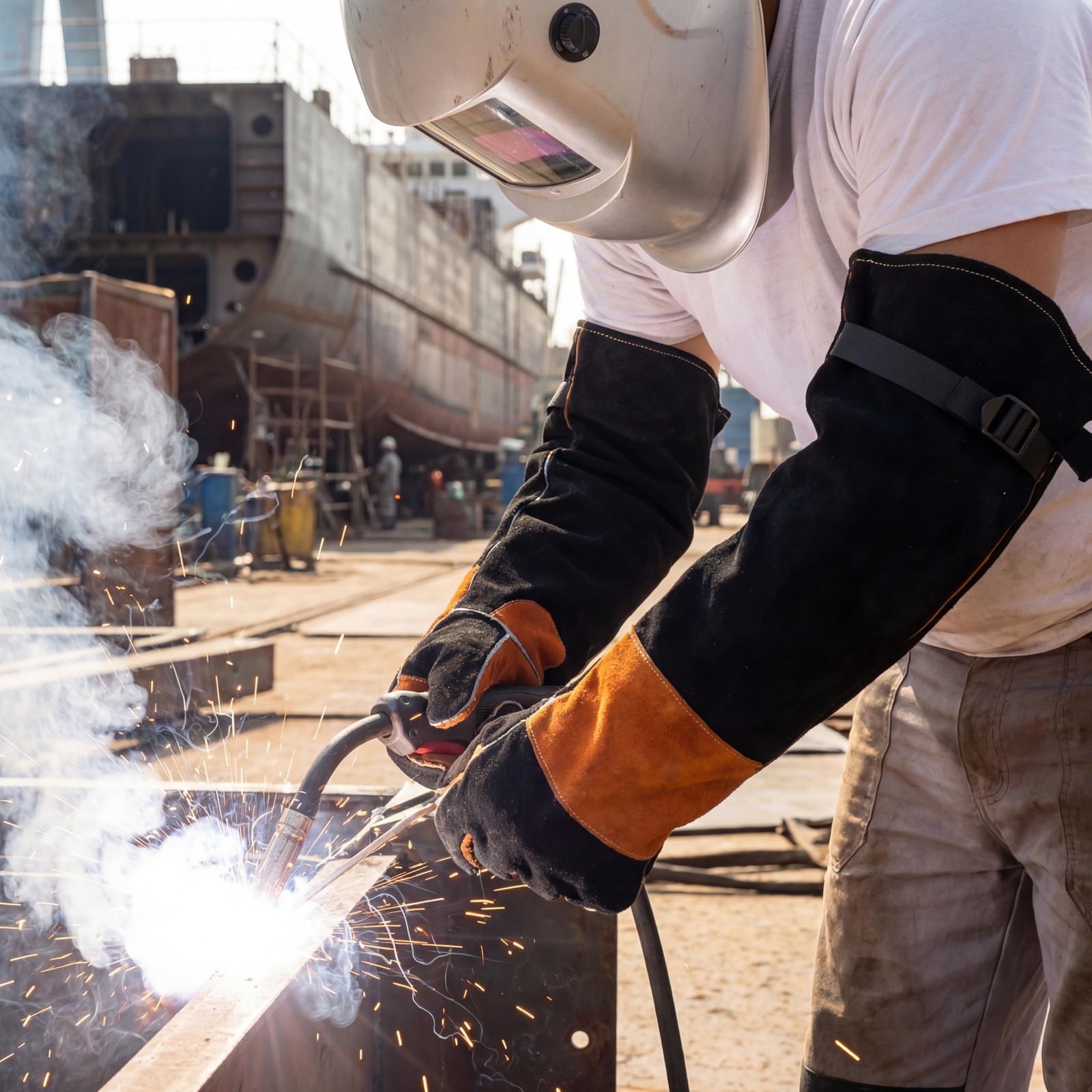 Leather Welding Sleeves,Work Gloves with Palm Reinforcements,Bite Proof for A…
