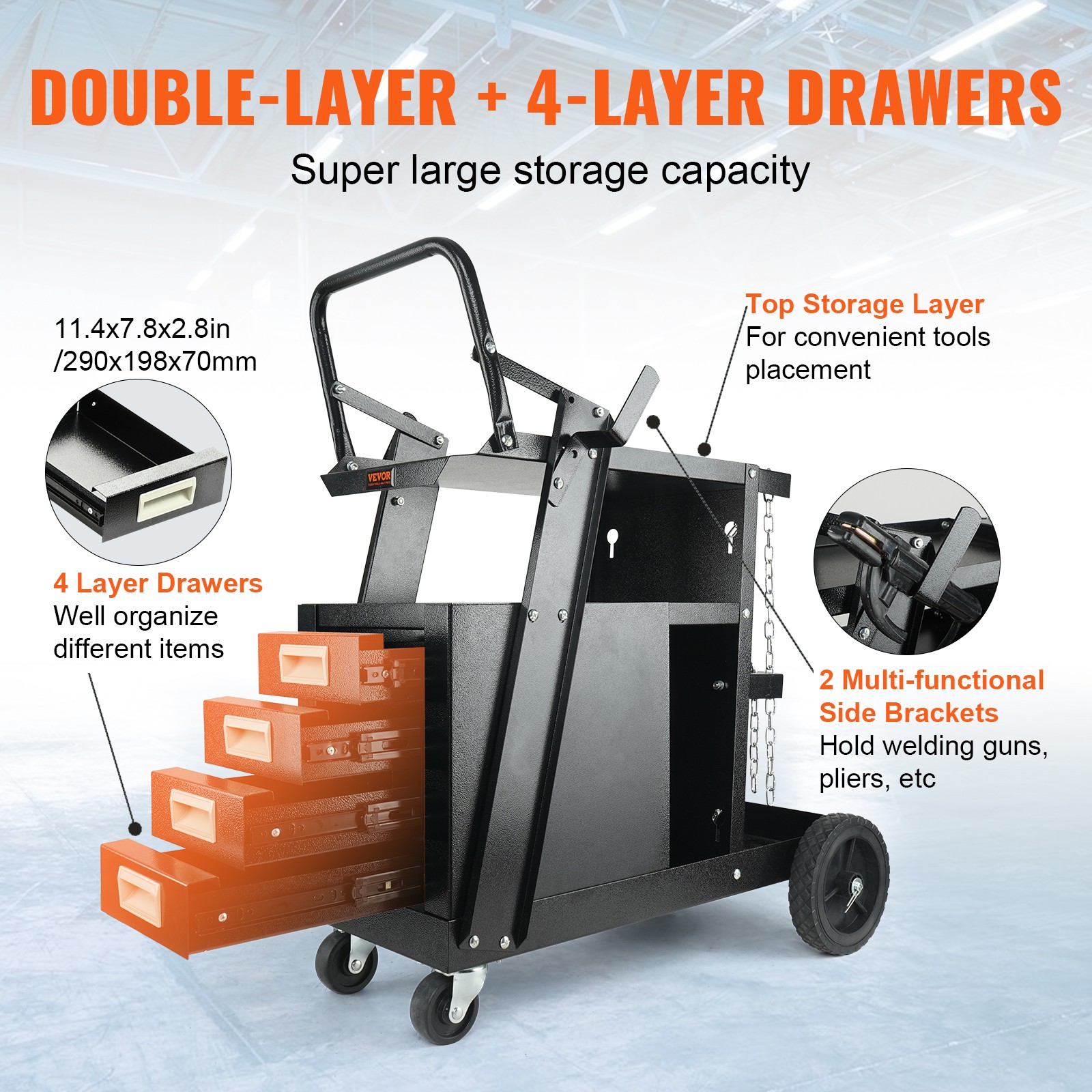 VEVOR Welding Cart 2-Tier 265 LBS Welder Cart with 4 Drawers 360° Swivel Wheels