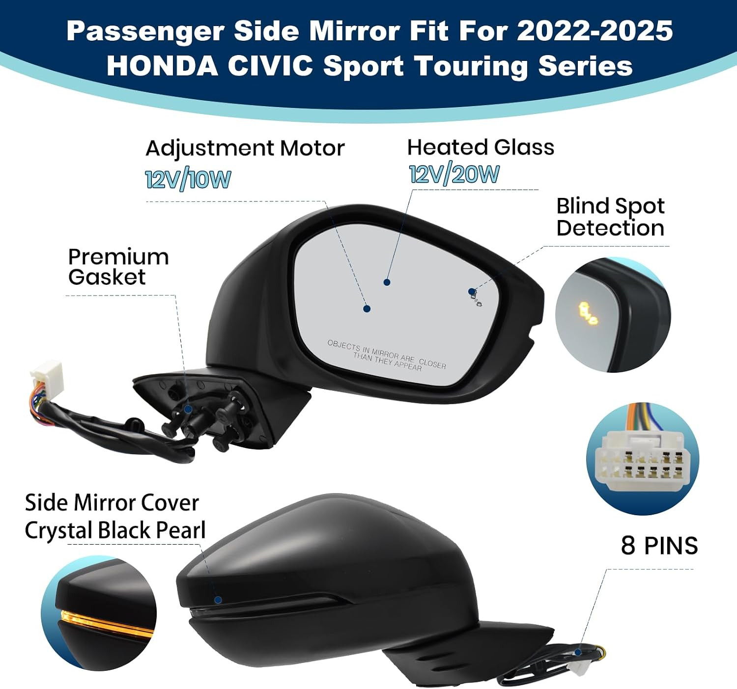 (8 Pins) Right Passenger Side Mirror for 2022-2025 HONDA CIVIC | with Power Glas