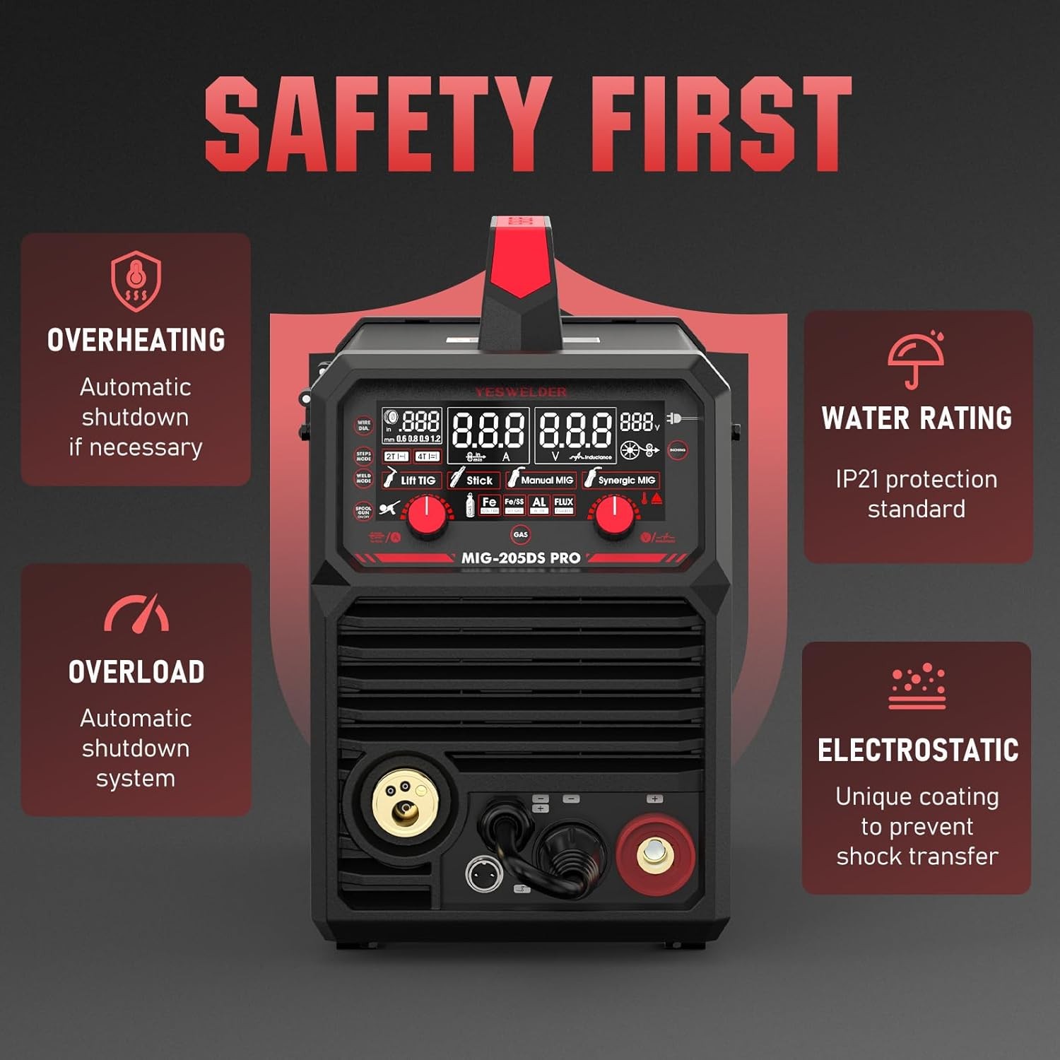 205A MIG Aluminum Welder, 110/220V, Gas/Gasless/Lift TIG/Stick Welding Machine
