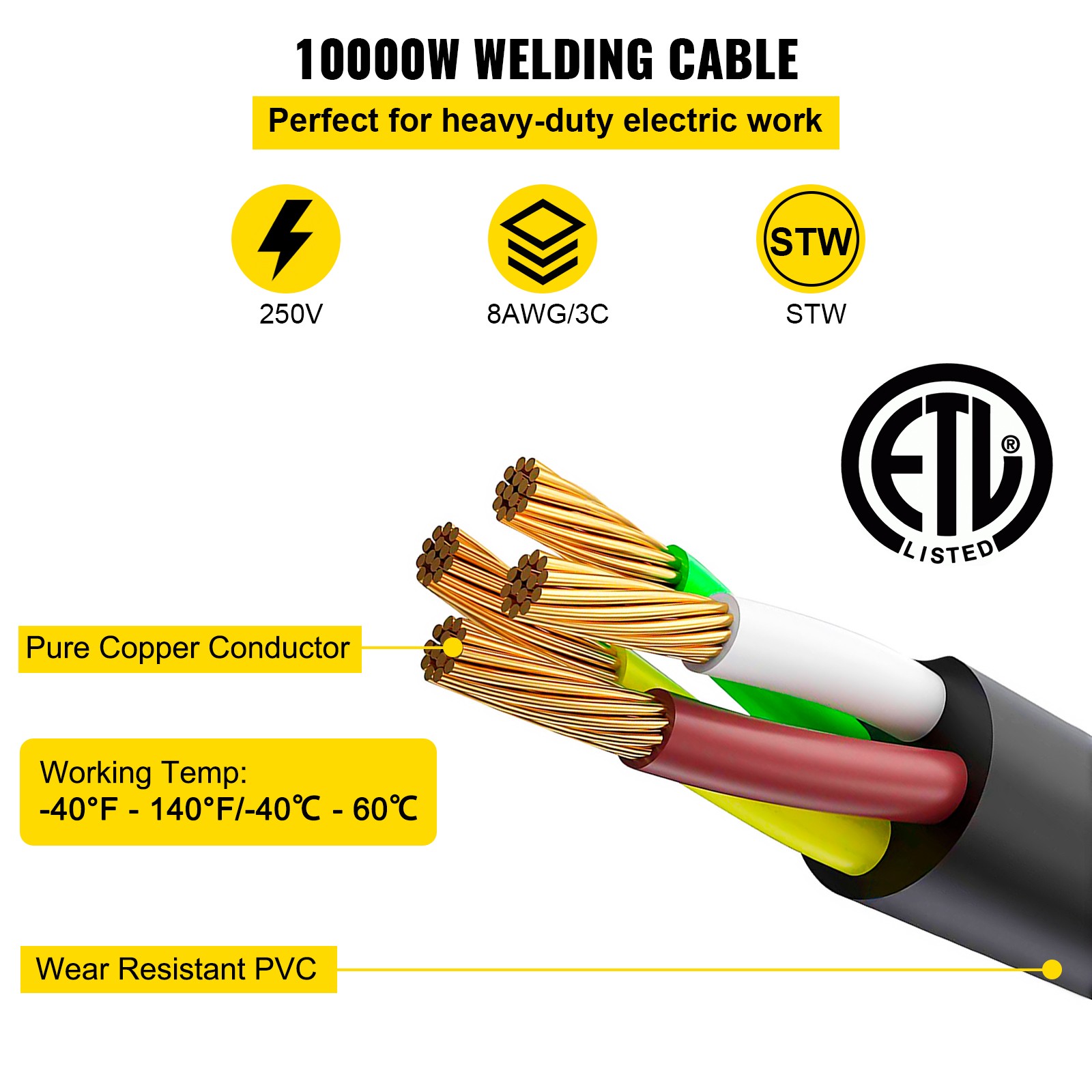 40A 50ft Welder Extension Cord NEMA6-50 8AWG Heavy Duty for MIG TIG Plasma