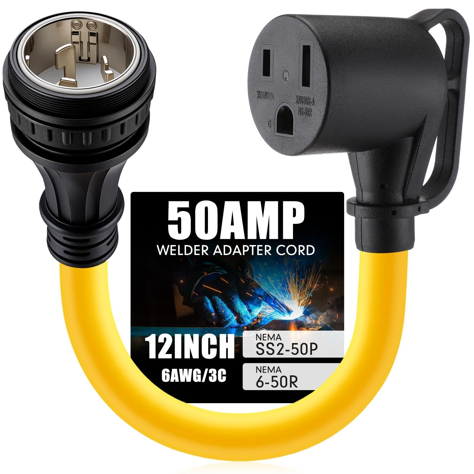 50Amp Welder Adapter Cord 6AWG, NEMA SS2-50P to 6-50R, Heavy Duty 1FT, ETL Liste