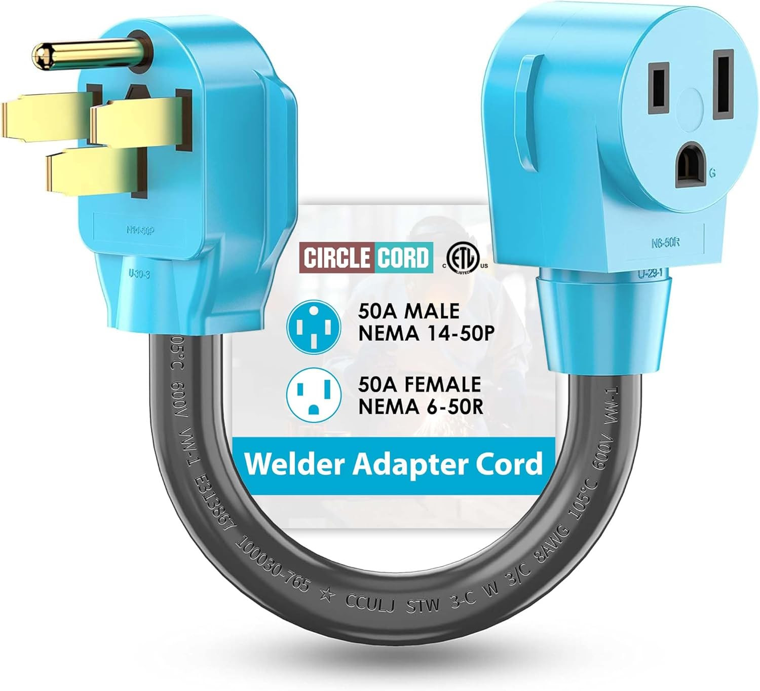 Circlecord Welder Adapter Cord, NEMA 14-50P Male to 6-50R Female, 50 Amp Welder