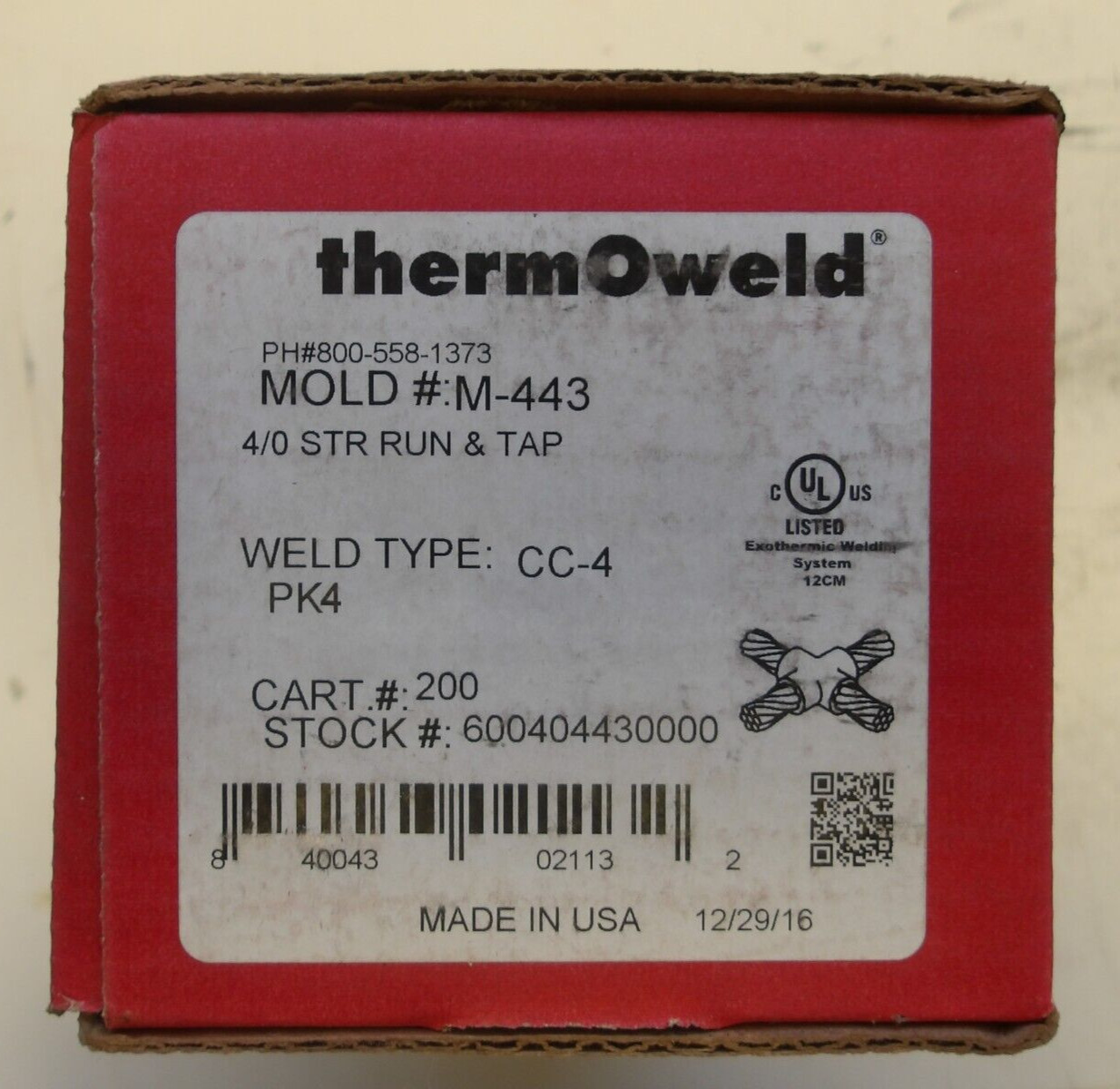 THERMOWELD P/N: M-443 EXOTHERMIC MOLD CC-4 WELD TYPE 4/0 STR RUN & TAP