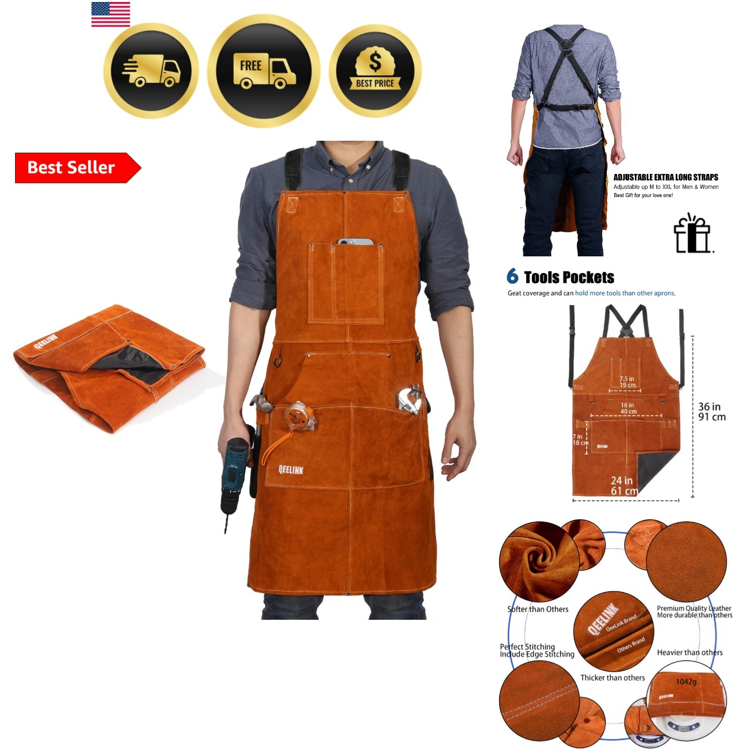Leather Welding Work Apron with 6 Tool Pockets, Heat & Flame Resistant Welder…