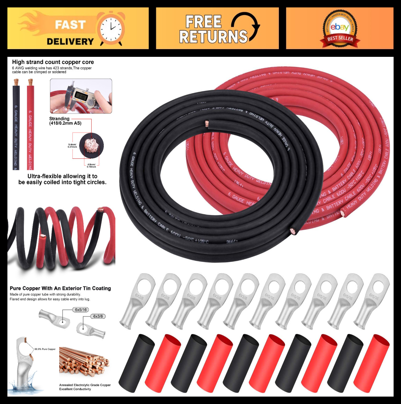 6 AWG Welding Battery Cable 40ft (20ft Black & Red) Pure Copper, Flexible + 10 C