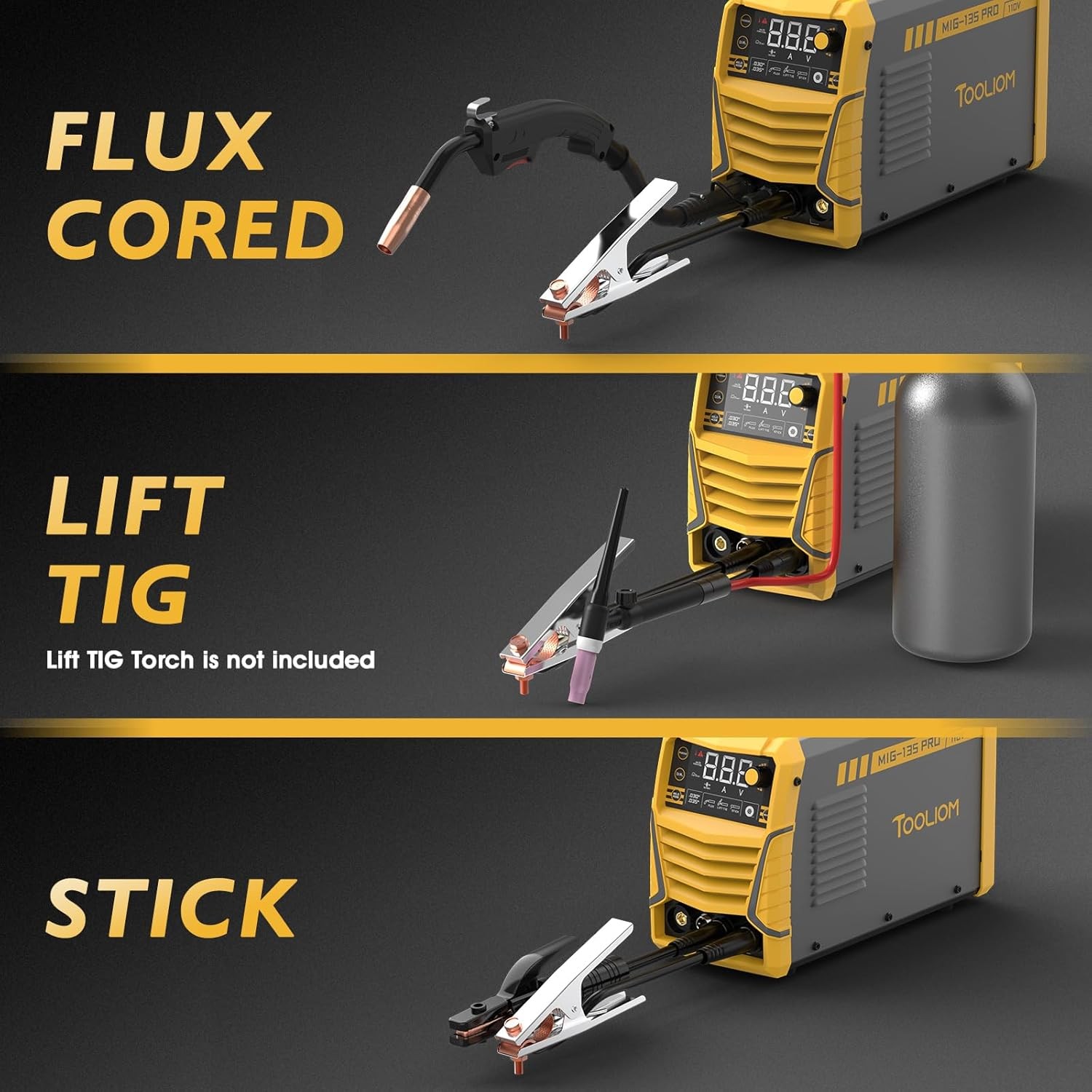 MIG Welder 135A Flux Core/Lift TIG/Stick 3in1 IGBT Welding Machine 110V