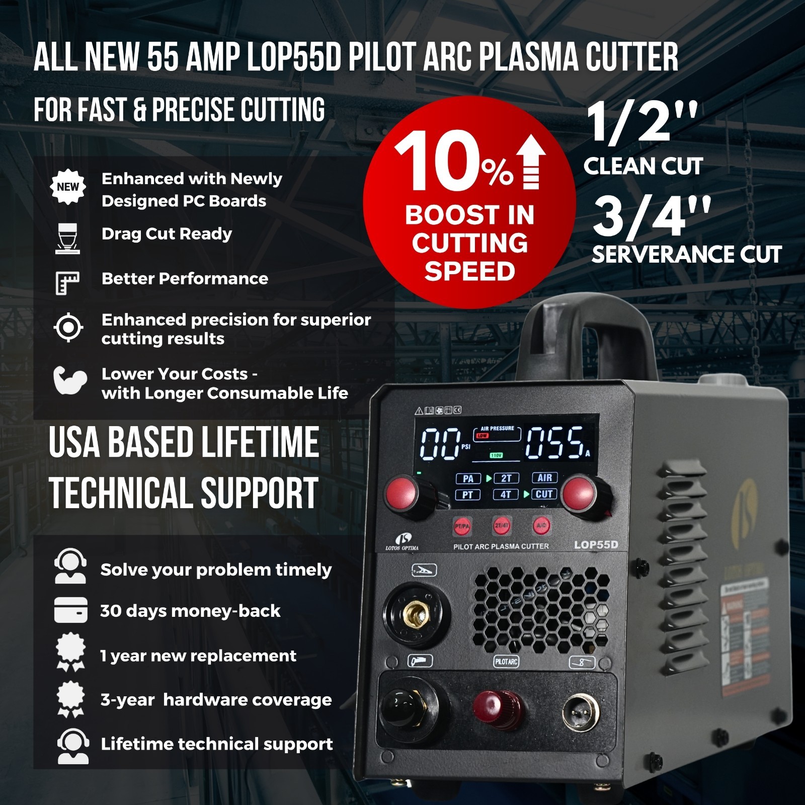 LOTOS LOP55D 55A Plasma Cutter Non-Touch Pilot Arc 110V/220V Dual Voltage 1/2″ C