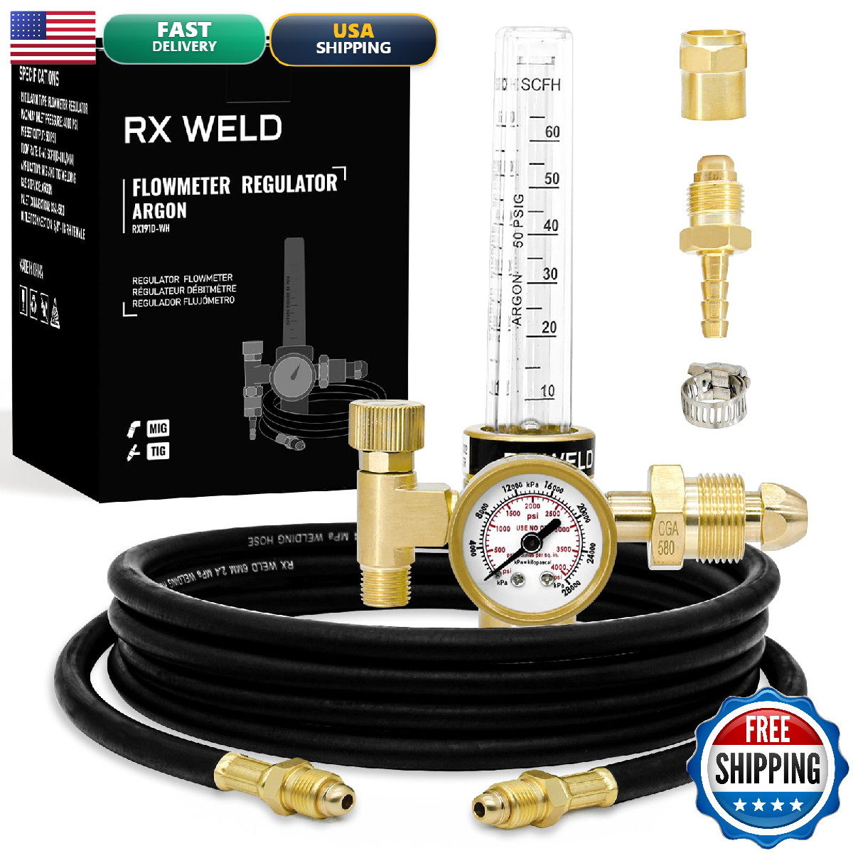 Rx Weld Argon Flowmeter For Mig Tig Weld Cga580 6.6Ft Hose Rx191D-Wh