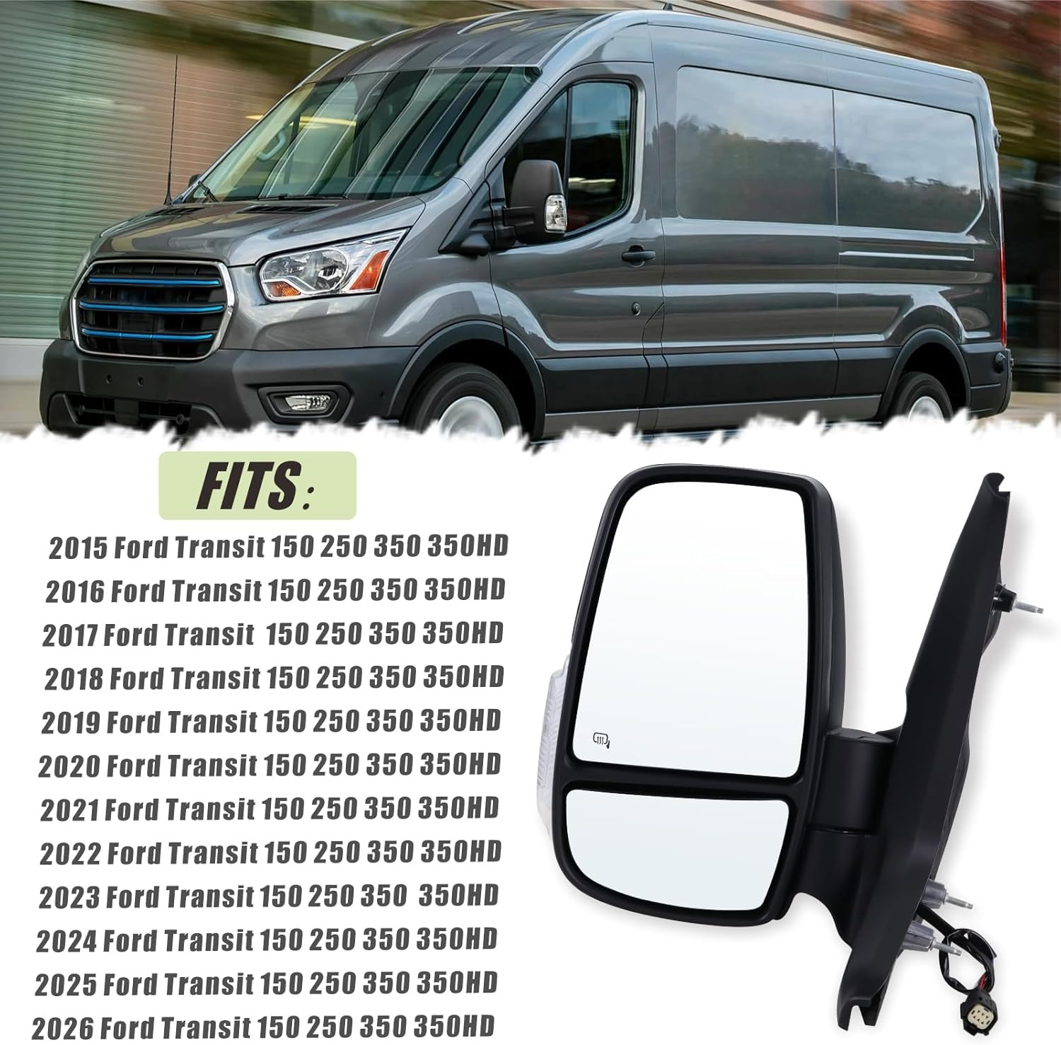 Left Driver Side Mirror Compatible with 2015-2026 Ford Transit 150 250 350 350HD