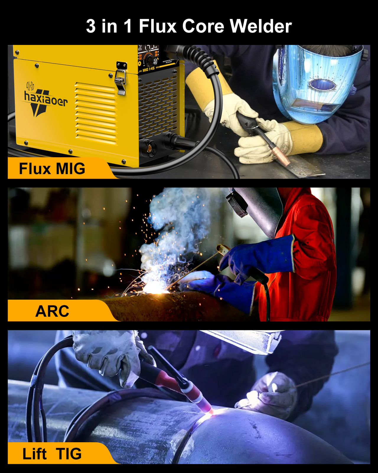 haxiaoer MIG Welder 145A 110V, 3 In 1 Flux Core/Lift TIG/Stick Welding Machine