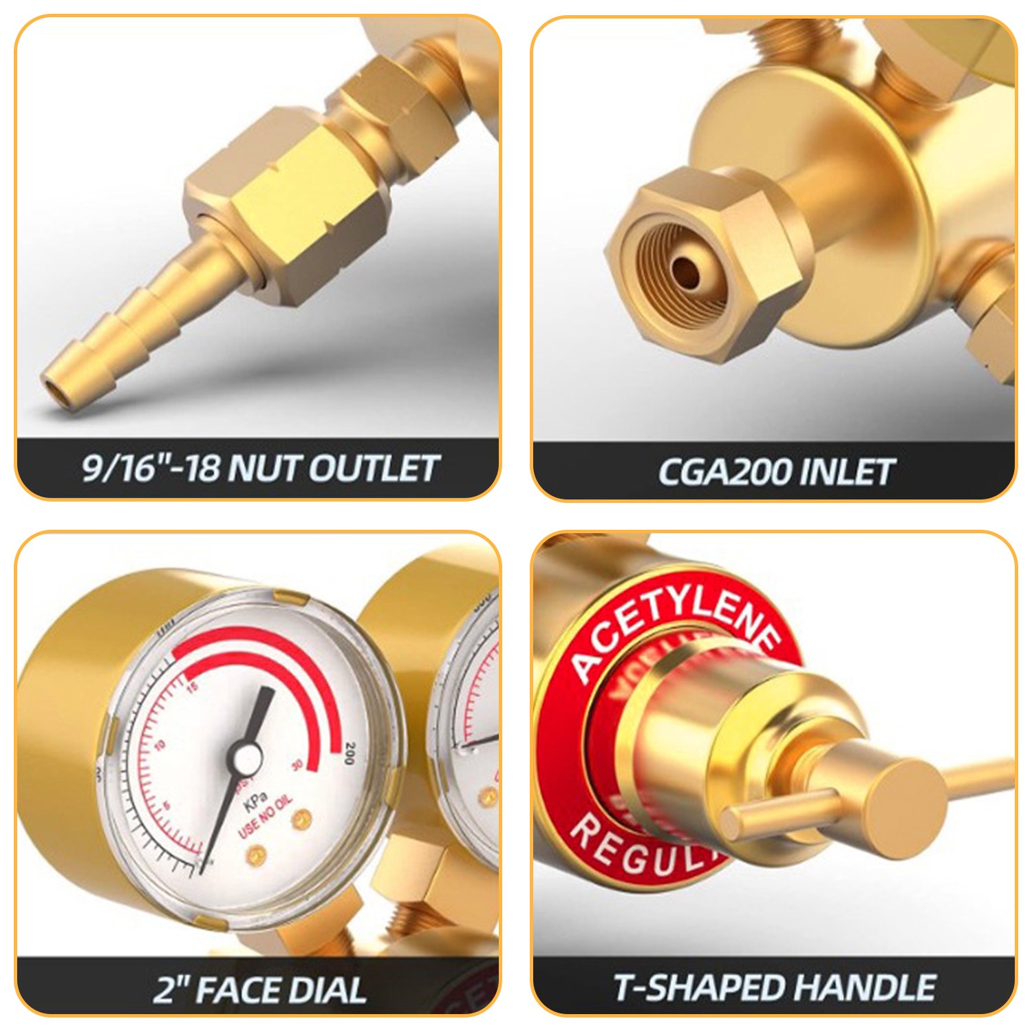 Acetylene Welding Gas Regulator CGA200 0-400PSI Precision Gauges 9/16″-18 Outlet
