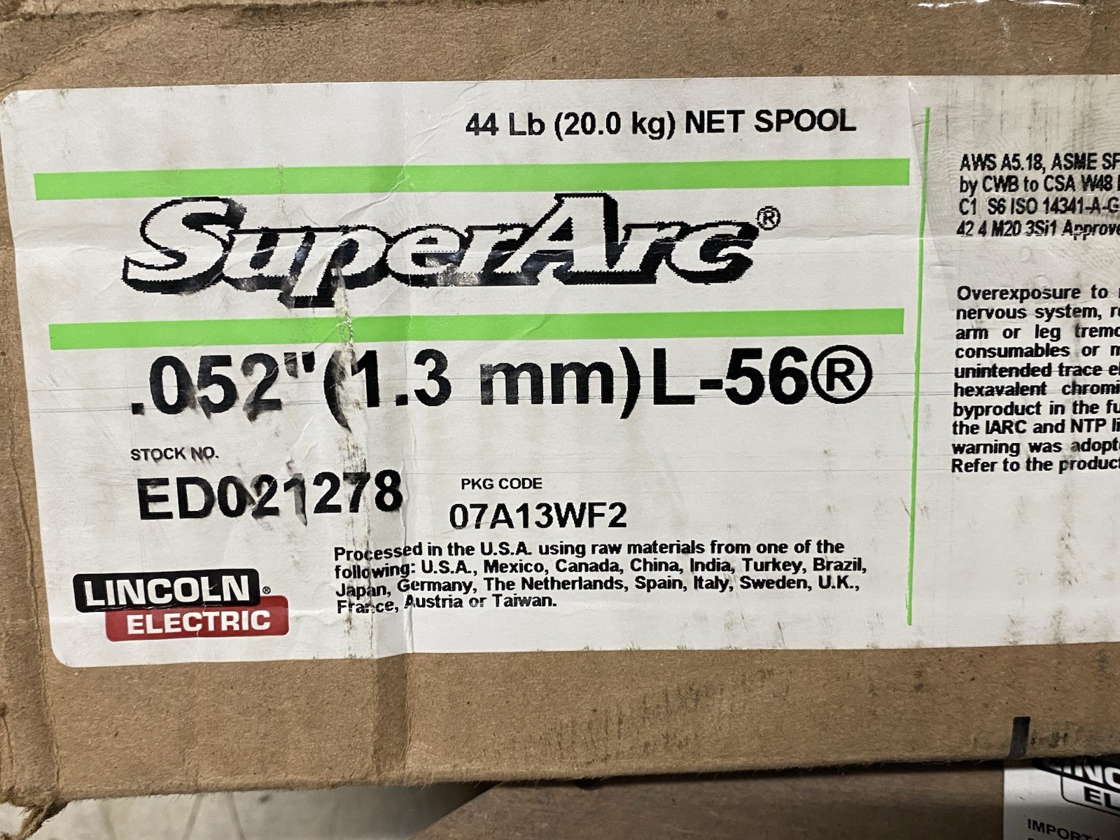 Lincoln Electric ED021278 Super Arc L-56 Welding Wire .052” NEW Spool Weld 44 Lb