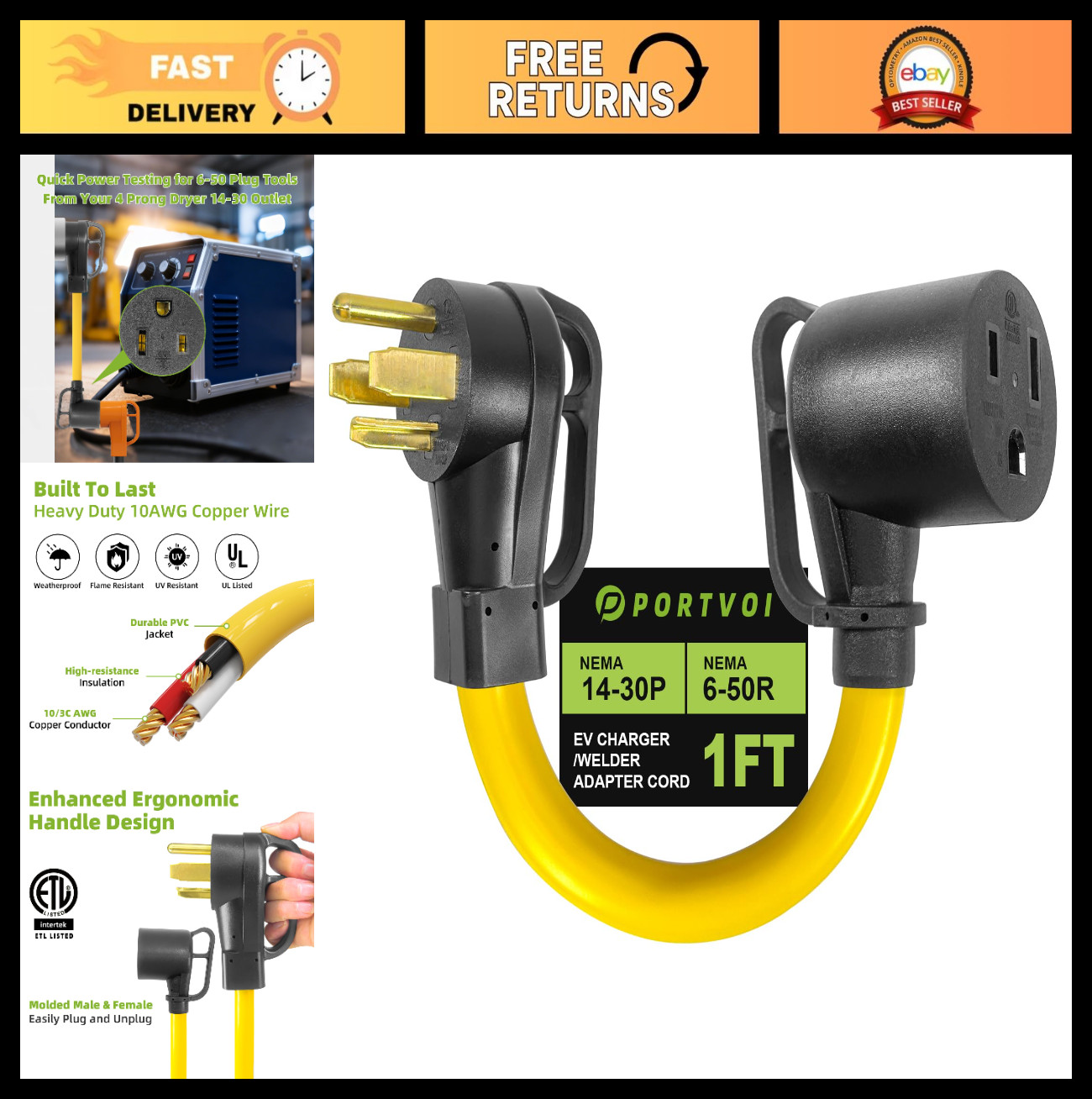 30 Amp to 50 Amp Welder Adapter Cord, NEMA 14-30P to 6-50R, Heavy Duty 10AWG, 1F