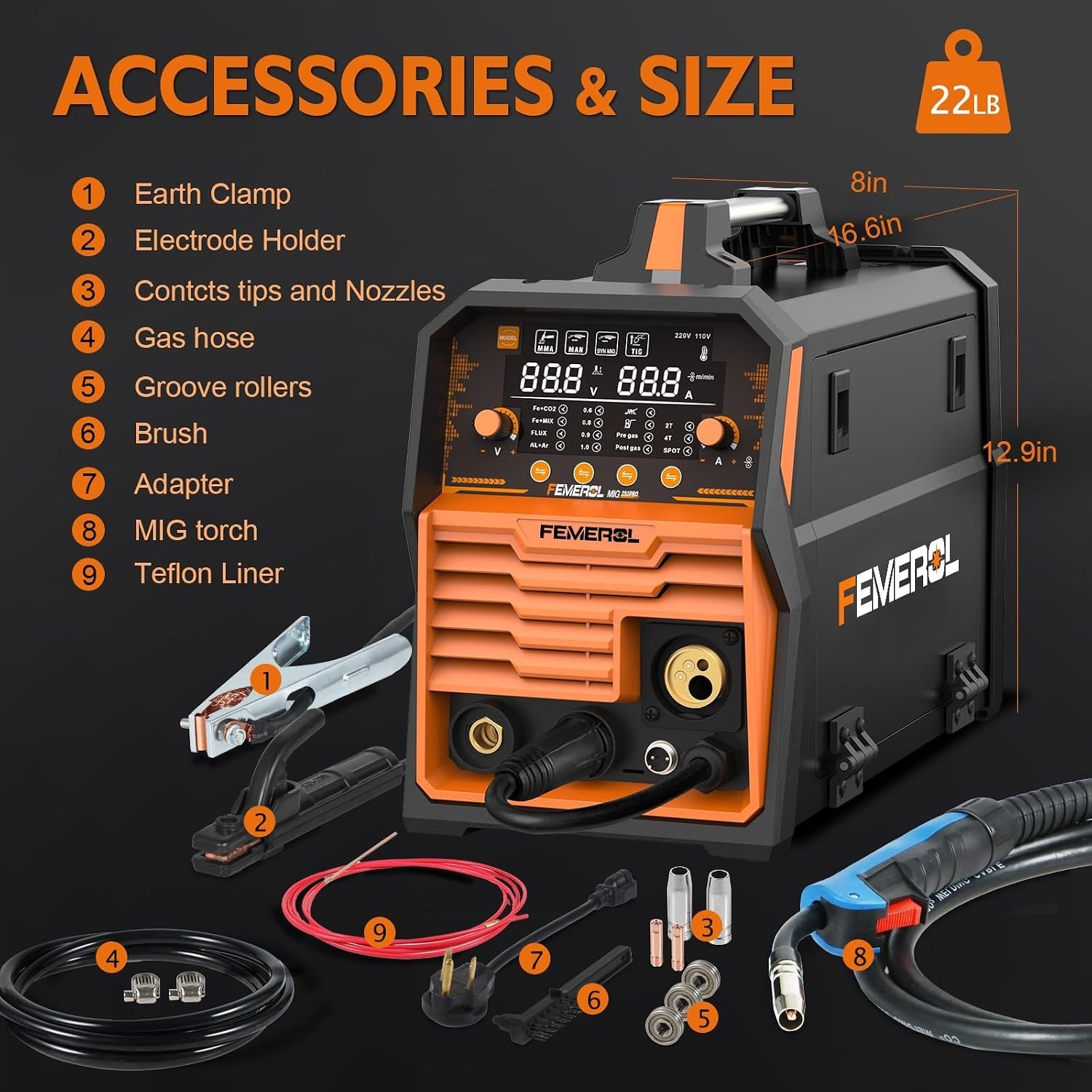 250A MIG Welder,6 in 1 Gas MIG/Gasless Flux Core/Stick/Lift TIG/Spot Welding/Spo