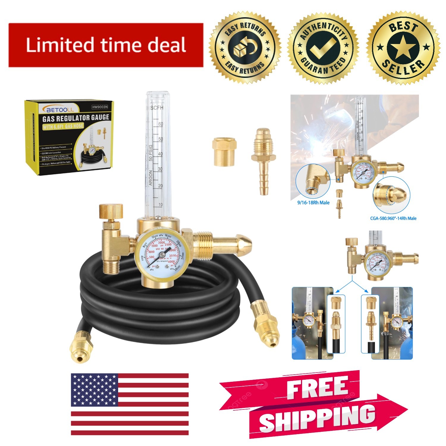 Argon Regulator with 6.6Ft Hose – Ideal for TIG/MIG Welding Applications