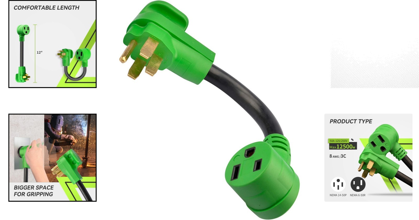 50 Amp NEMA 14-50P to 6-50R Electrical Adapter Cord, 12-Inch Durable Design